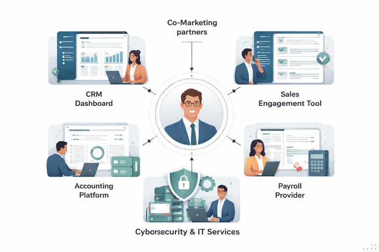 Illustration of co-marketing partners solving different parts of the same workflow: a CRM dashboard, a sales engagement tool, an accounting platform, a payroll provider, and a cybersecurity + IT services scene connected by arrows to the same buyer persona in the center; clean modern business infographic style, flat design, muted professional colors, high readability