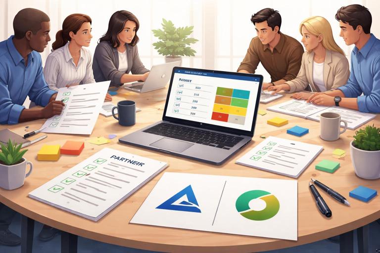 Scene of two teams co-creating a practical business toolkit: a checklist and a risk scoring spreadsheet on a laptop screen, sticky notes, a shared document, and two partner logos side-by-side; modern office desk, clean minimal style, professional lighting, realistic but simplified, no readable brand names