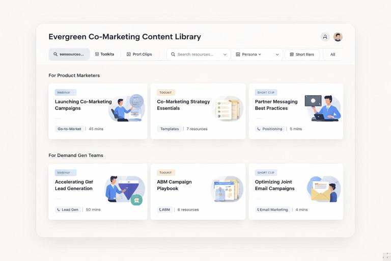 Illustration of an evergreen co-marketing content library: a web portal with tiles for on-demand webinars, toolkits, and short clips, organized by persona and problem; clean SaaS UI mockup style, neutral colors, minimal icons, professional modern design