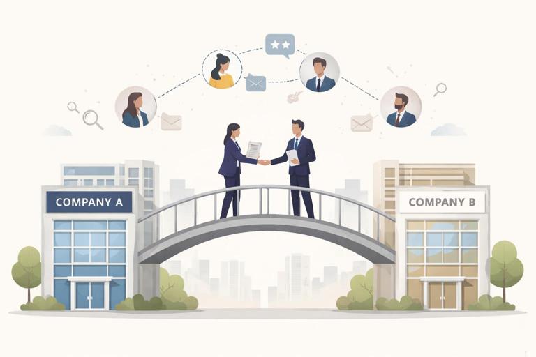 Illustration of two businesses connected by a lightweight partnership bridge, exchanging introductions rather than merging operations; clean modern flat style, professional B2B vibe, neutral colors, subtle icons for credibility and referrals