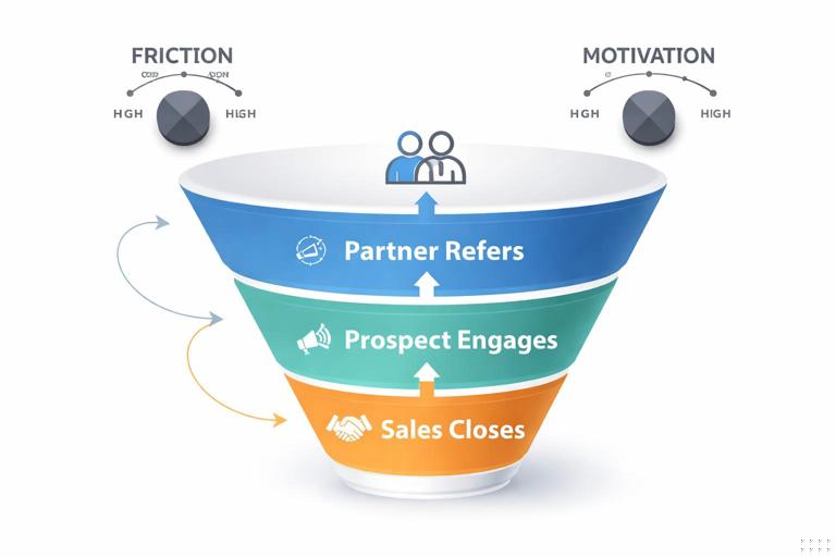 Visual funnel diagram showing referral conversion stages (partner refers, prospect engages, sales closes) with knobs labeled friction and motivation; clean infographic style, minimal, professional, high readability