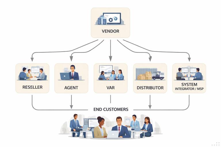Illustration of a B2B software company selling through different channel partner types: reseller, agent, VAR, distributor, and system integrator/MSP, shown as a clean flow diagram from vendor to partners to end customers, modern flat design, neutral corporate color palette, clear labels, high readability