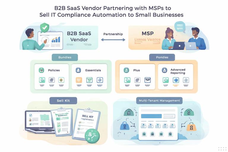Worked example illustration: a B2B SaaS vendor partnering with MSPs to sell IT compliance automation to small businesses, showing bundles Essentials and Plus, sell kit, deal registration with 48-hour SLA, and multi-tenant management, clean storyboard or flow diagram, modern SaaS aesthetic, flat vector style, clear labels
