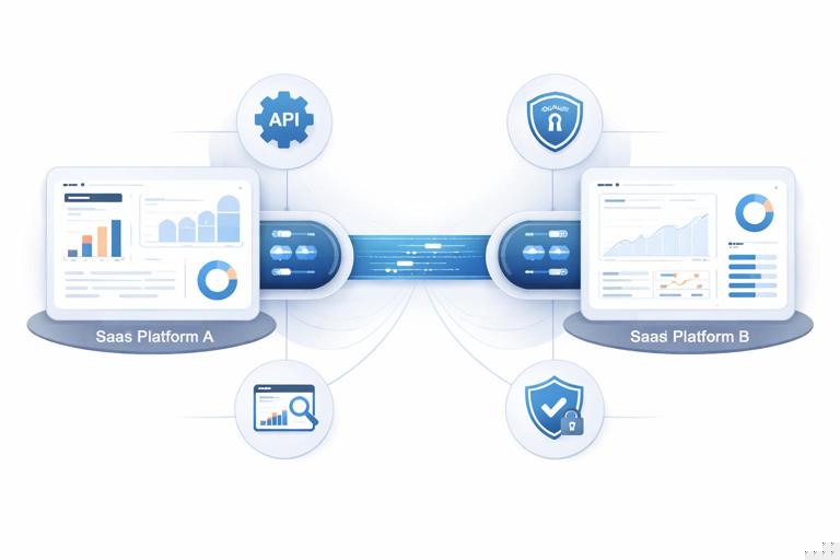 Illustration of two SaaS platforms connected by an integration pipeline: data flowing both directions, icons for API, OAuth, schema, monitoring dashboards, and compliance shield; clean modern flat/vector style, enterprise tech aesthetic, neutral colors, high clarity.