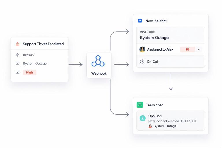 Workflow automation diagram: support ticket escalated event triggers incident creation in on-call system and notification to team chat; show event arrow, webhook icon, incident card, chat message bubble; modern minimal UI style, crisp lines, neutral tech palette.
