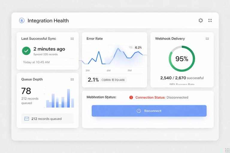 Admin dashboard screen for Integration Health: tiles for last successful sync time, error rate chart, webhook delivery status, queue depth, reconnect button; modern SaaS UI mockup, clean typography, neutral colors, subtle shadows.