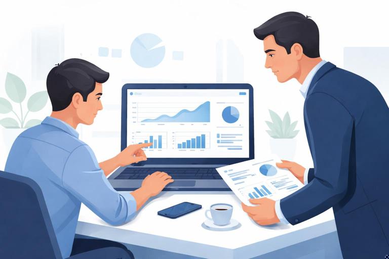 A clean dashboard-and-narrative reporting scene: laptop with charts, trend lines, and a short summary sheet beside it; two people (operator and executive) reviewing together; modern flat illustration, professional corporate palette, no text.