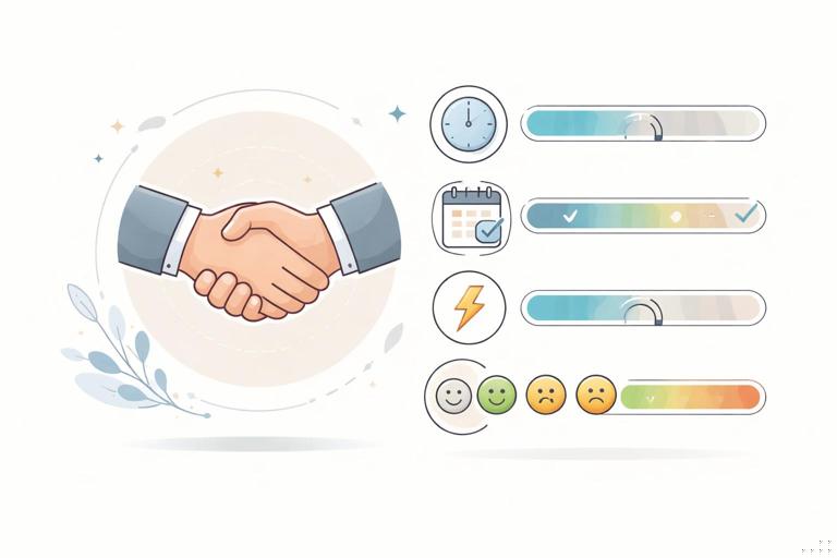 A relationship health monitoring concept for business partnerships: handshake icon next to metrics like response time, meeting attendance, decision speed, and sentiment indicators; clean minimalist infographic-style illustration, neutral colors, no text.