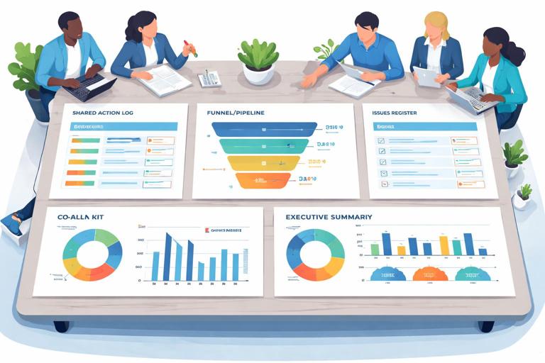 Illustration of a co-selling alliance governance kit: shared action log, funnel/pipeline chart with aging, issues register, and a one-page executive summary on a desk; two teams collaborating; modern flat vector style, clean corporate look, no text.