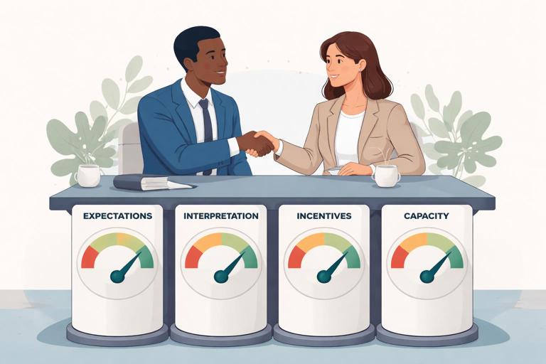 Illustration of two business partners at a table with four labeled dials or pillars: expectations, interpretation, incentives, capacity; calm, professional tone, modern flat design, muted corporate colors, clear visual metaphor for alignment and trust.
