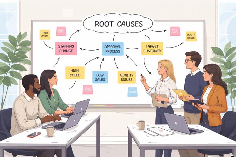 A diagnostic whiteboard scene during a partnership meeting: sticky notes and arrows tracing root causes like staffing change, approval process, target customer; two teams collaborating calmly; modern office, clean vector illustration, neutral colors.