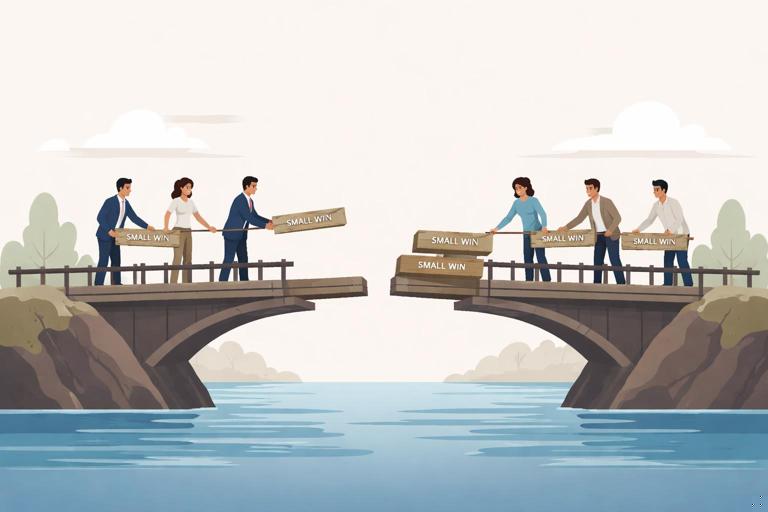 A visual metaphor of rebuilding trust: a broken bridge being repaired plank by plank labeled small wins; two teams cooperating from both sides; calm professional style, modern flat illustration, neutral palette.