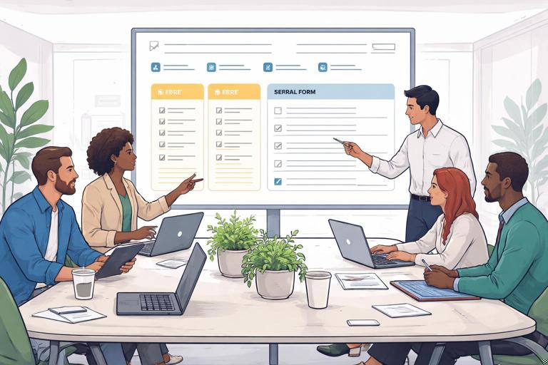 Story scene of a partnership reset: two teams reviewing a simple one-page scope document with highlighted verticals, a referral form, and an SDR queue; collaborative mood, modern business illustration, clean lines, muted colors.