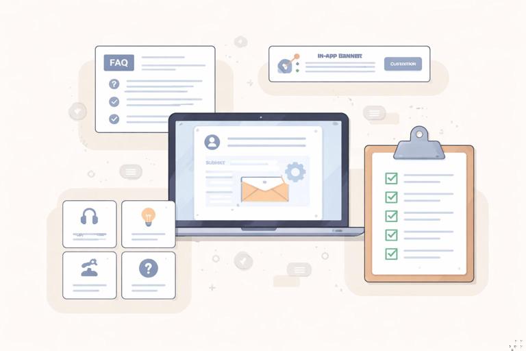 Illustration of a customer communication toolkit for a SaaS transition: laptop screen with email template, in-app banner, FAQ document, support macro cards, checklist on clipboard, clean modern vector style, professional business aesthetic, soft neutral colors, no text