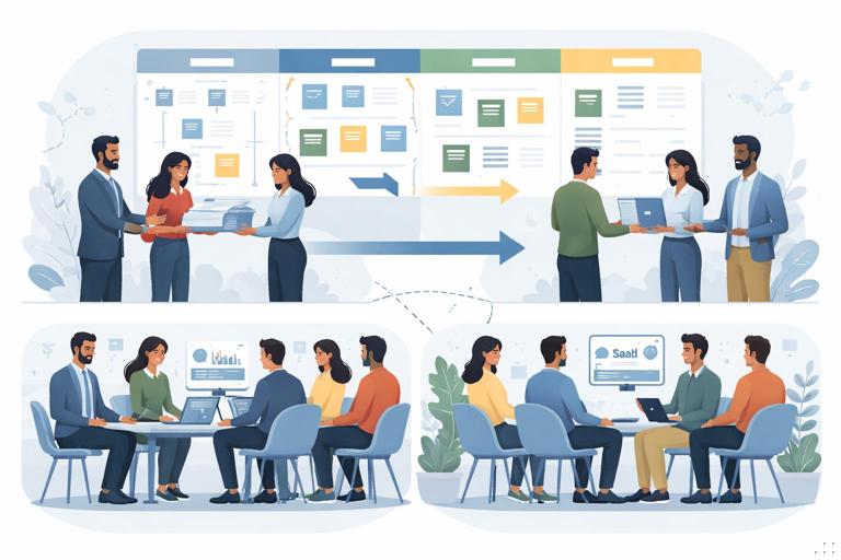 Illustration of a SaaS company transitioning from an external services partner to an internal team: project timeline board with phases, two teams handing off documentation, parallel shadowing meetings, calm customers, modern flat vector style, professional corporate palette, no text