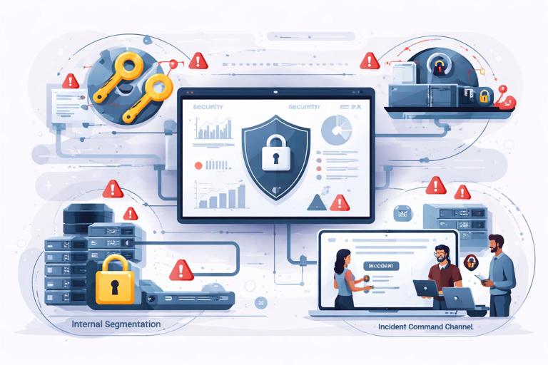 Illustration of an emergency data partner shutdown: security dashboard, rotating keys, paused data pipeline, internal segmentation running from encrypted exports, incident command channel, modern flat vector, clear iconography, serious tone, no text