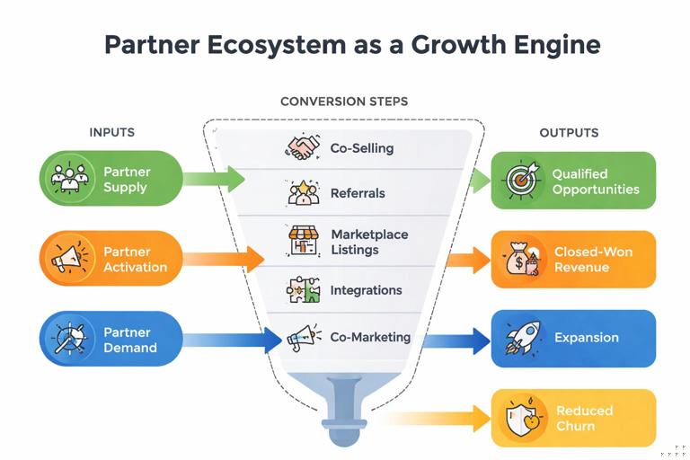 Illustration of a partner ecosystem as a growth engine diagram: inputs (partner supply, partner activation, partner demand) flowing through conversion steps (co-selling, referrals, marketplace listings, integrations, co-marketing) into outputs (qualified opportunities, closed-won revenue, expansion, reduced churn). Clean modern business infographic style, flat design, high contrast, labeled sections, white background.