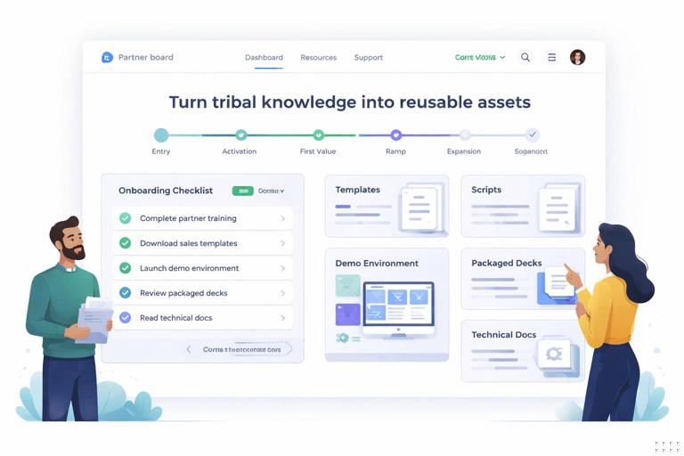 Modern illustration of a partner portal and onboarding checklist turning tribal knowledge into reusable assets: templates, scripts, demo environment, packaged decks, technical docs. Show a dashboard UI with progress stages (entry, activation, first value, ramp, expansion). Clean SaaS UI style, minimal, professional, white background with subtle accent colors.