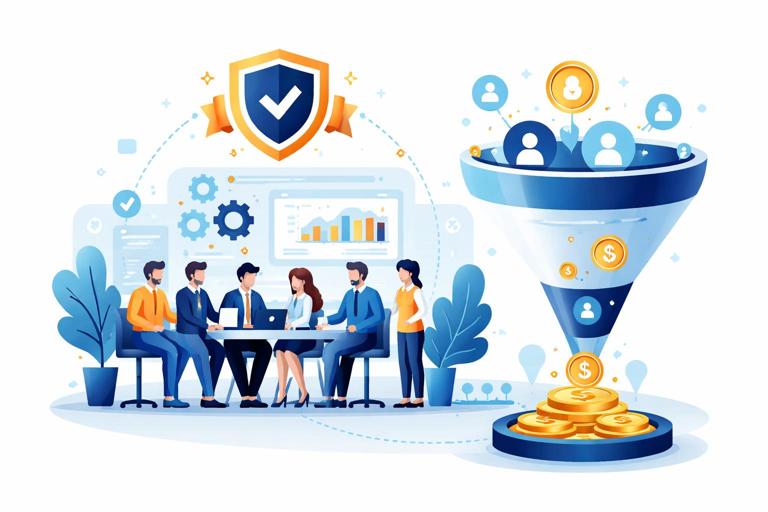 Illustration of a small but influential niche community acting as a high-conversion channel for a B2B SaaS partnership: a compact group hub connected to a strong pipeline funnel, emphasizing trust, certification badge, and targeted audience; clean modern flat design, business style, high contrast, no text.