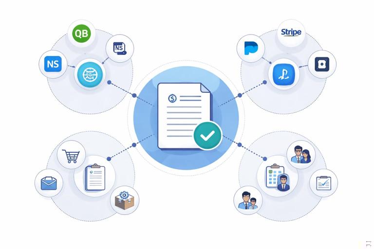 Business ecosystem map for B2B invoicing software partnerships: central invoicing app connected to nodes labeled accounting platforms, payment processors, procurement suites, and service providers; example nodes QuickBooks, NetSuite, Stripe, fractional CFO firms; clean vector infographic style, minimal icons, no text labels in final image, professional palette.