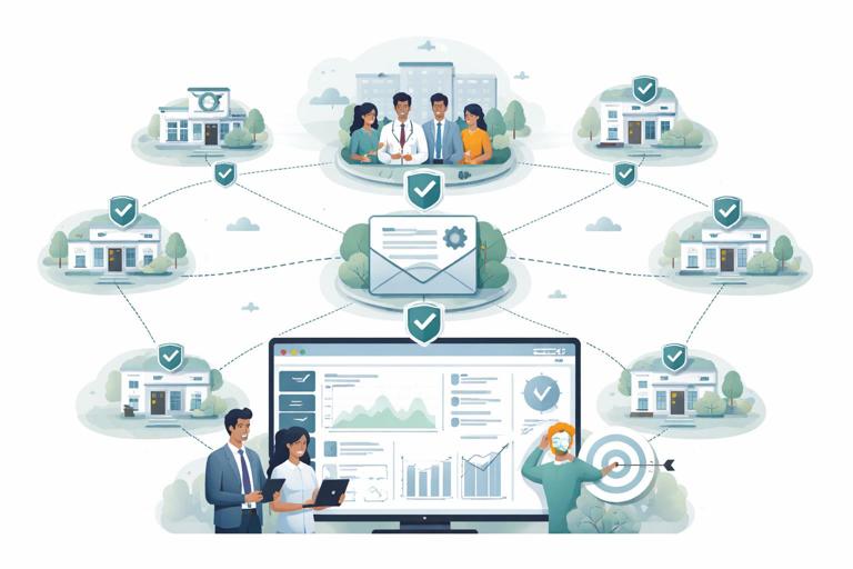 Scene showing a niche healthcare administrators association enabling a high-trust partnership: small clinic icons connected to a community hub and newsletter, leading to a compliance automation SaaS dashboard; emphasize trust, targeted distribution, and high conversion; clean professional illustration, muted healthcare palette, no text.