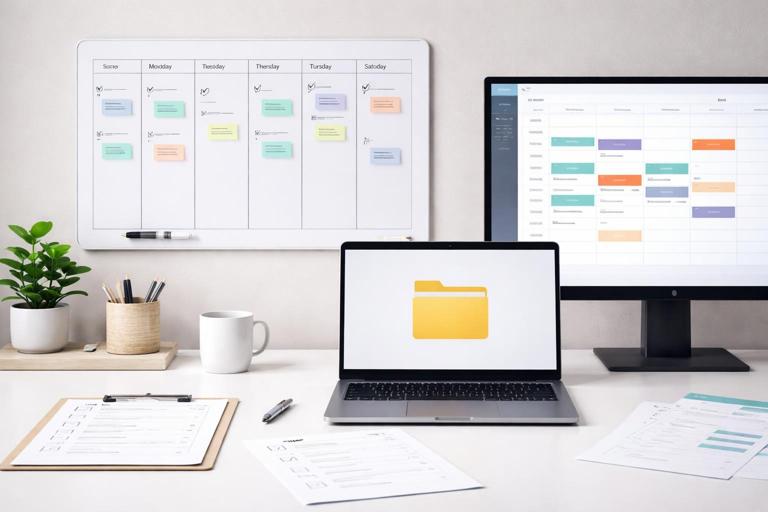 A modern workspace scene showing a weekly planning board, printed checklists, a shared folder icon on a laptop, and calendar invites on a screen, emphasizing tangible artifacts and scheduled commitments; clean minimal style, professional lighting, no text