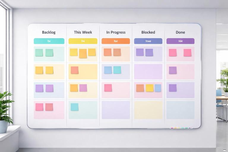 A clean kanban board labeled Backlog, This Week, In Progress, Blocked, Done, with color-coded swimlanes for Assets, Enablement, Ops or Tracking, Launch, Support; modern office setting, minimal UI style, no text