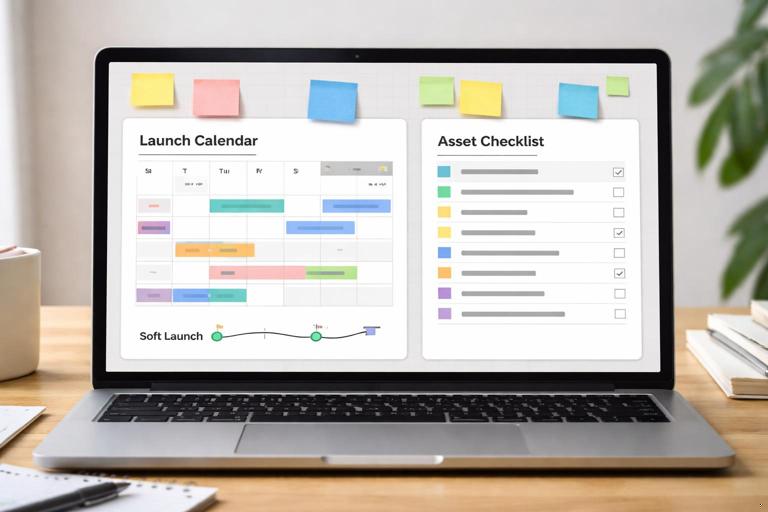 A launch calendar view next to an asset checklist on a laptop screen, with sticky notes and a simple timeline showing soft launch and milestones; professional product launch planning vibe, clean modern design, no text