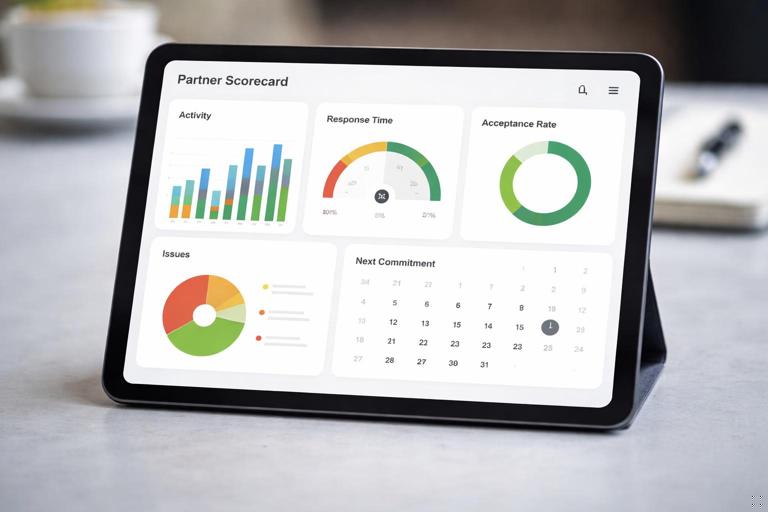 A simple partner scorecard dashboard on a tablet showing fields like activity, response time, acceptance rate, issues, and next commitment, with clean charts and a professional minimal UI; no text