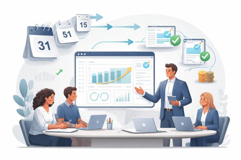 Scene of a professional services team and an accounting firm collaborating with a SaaS dashboard on screen. Visual metaphor of faster monthly close: calendar pages shrinking, streamlined workflow arrows, automated expense capture icons, and a consultant guiding process optimization. Modern clean corporate illustration, neutral colors, no brand logos, minimal readable text.