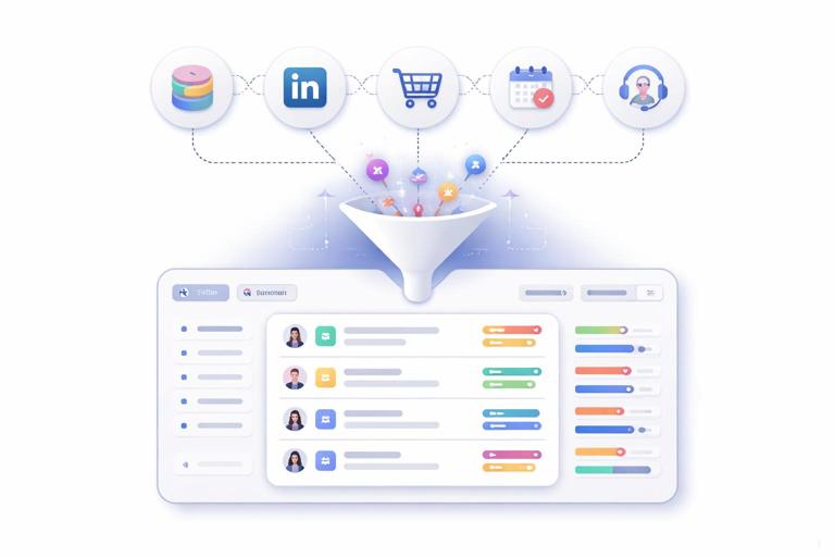 Illustration of a modern partner discovery operating system: multiple input sources (CRM, LinkedIn, marketplaces, events, support tickets) flowing through a signal engine into a continuously updating prioritized target list dashboard; clean SaaS UI style, neutral colors, high clarity, no text.