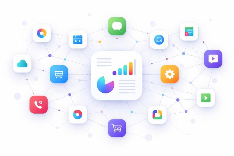 Concept art of SaaS app marketplaces and integrations: interconnected app icons and marketplace tiles forming a network graph around a central product; clean vector style, modern SaaS aesthetic, no text, light background.
