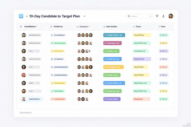 A productivity-style dashboard showing a 10-day plan converting candidates into targets: columns for candidates, evidence, contacts, next action, tiers; clean Airtable/Notion-like interface, modern SaaS look, no readable text.