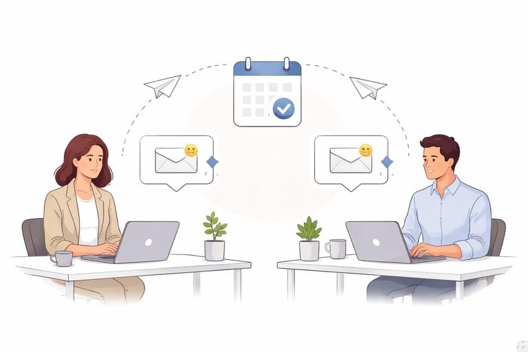 Illustration of two professionals at separate desks exchanging a short, friendly email reply, with a simple calendar invite icon between them; clean modern business style, neutral colors, minimal UI elements, no text.