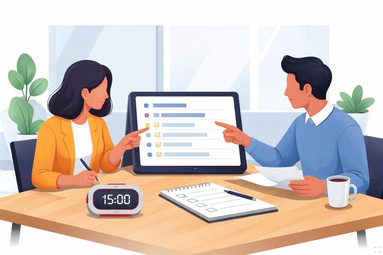 A simple visual of a structured meeting agenda on a tablet next to a timer and a notepad with checkboxes, two people in a meeting room pointing at the agenda; modern flat illustration, professional, no text.