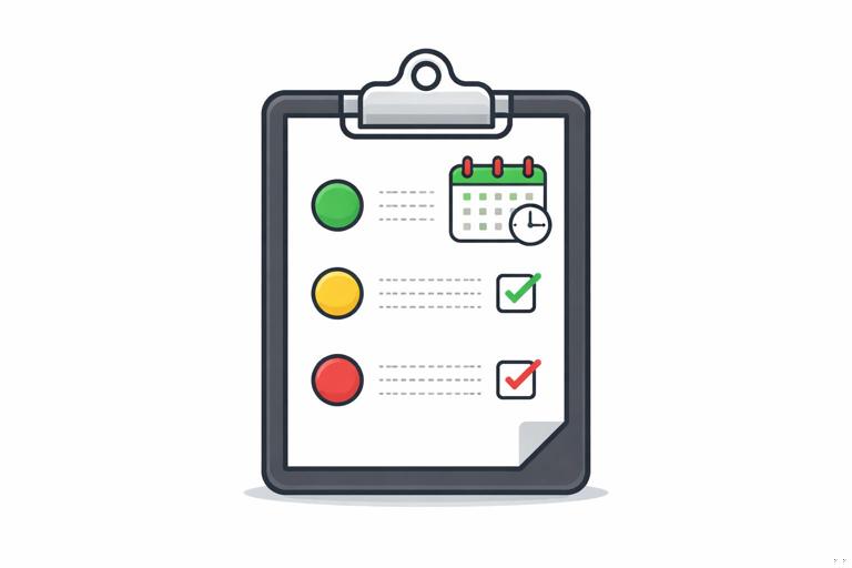 A minimal scorecard graphic on a clipboard with green, yellow, and red indicators and a small calendar, representing fast qualification decisions; clean vector illustration, professional, no text.