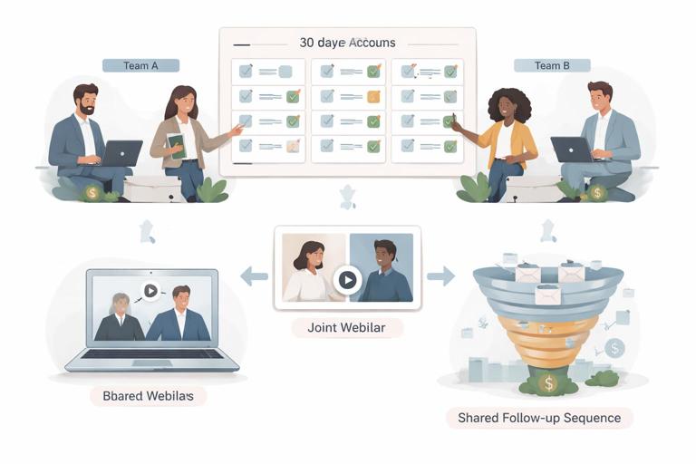 Illustration of two business teams running a small partnership pilot: a 30-day co-sell sprint board with 20 shared accounts, a joint webinar icon, and a shared follow-up sequence funnel; clean modern SaaS style, flat vector, muted professional colors, clear labels, no text.