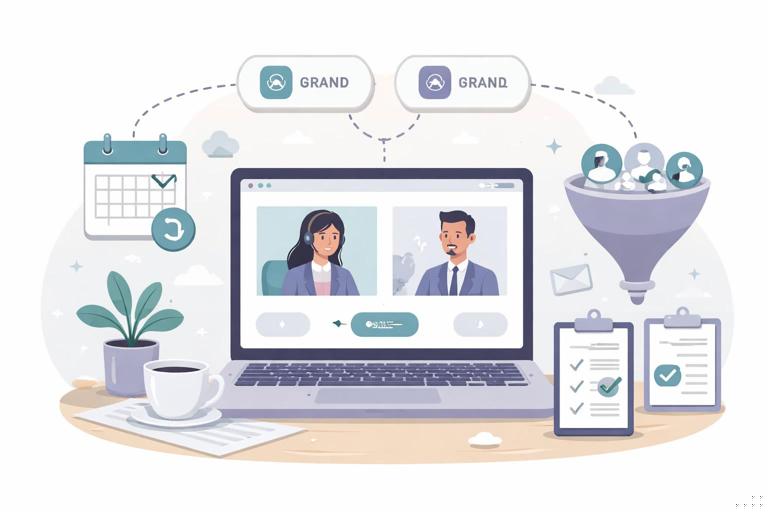 Modern flat vector illustration of two partner brands co-hosting a webinar: laptop with webinar screen, calendar link, funnel leading to qualified assessments; professional SaaS aesthetic, clean lines, muted colors, no text.