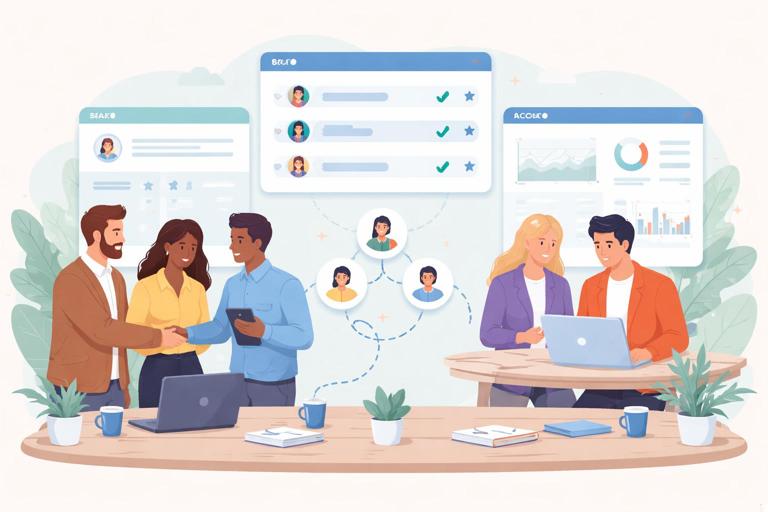 Illustration of a co-sell sprint: two teams collaborating over a shared account list, warm introductions, and a diagnostic report dashboard; B2B SaaS style, flat vector, subtle colors, no text.