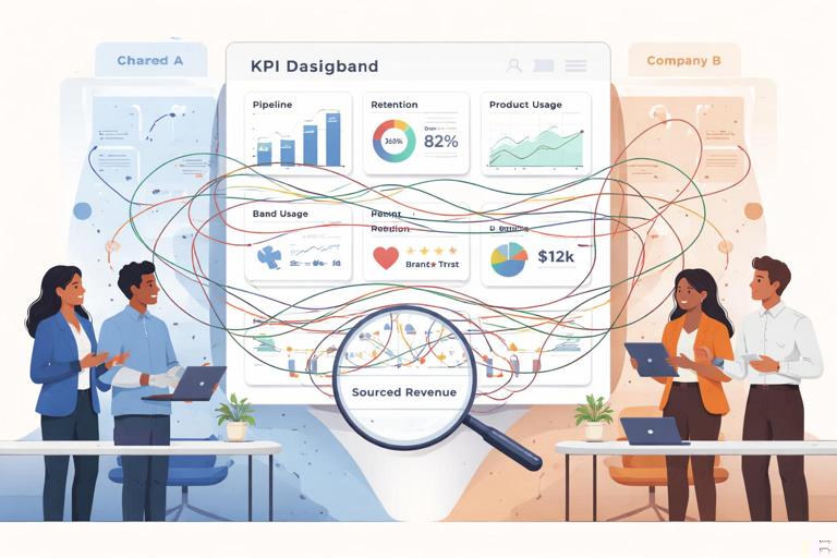 Illustration of two companies collaborating on a shared KPI dashboard with multiple metric categories (pipeline, retention, product usage, brand trust, cost-to-serve). Show tangled attribution lines between both teams, emphasizing complexity and the risk of measuring only sourced revenue. Clean modern flat style, professional B2B look, muted colors.