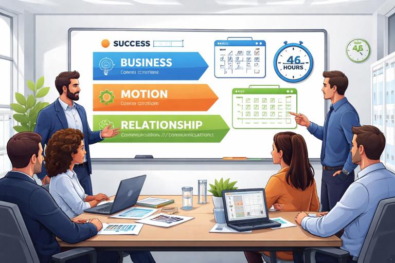 Scene of a cybersecurity vendor and an MSP team in a joint meeting reviewing three success criteria layers on a whiteboard: business, motion, relationship. Include visual cues like a clock for response time under 48 hours and an executive check-in calendar. Professional office setting, modern illustrative style.