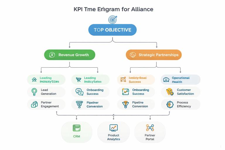 KPI tree diagram for an alliance: top objective, 1–2 primary outcome KPIs, leading indicators, quality gates, and operational health metrics branching below. Include icons for CRM, product analytics, and partner portal as data sources. Clean infographic style, white background, professional color palette.