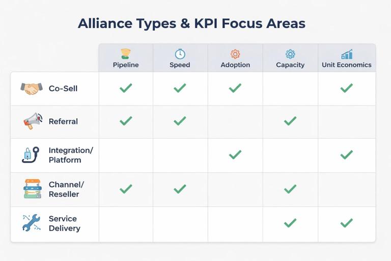 Grid-style comparison chart showing five alliance types (co-sell, referral, integration/platform, channel/reseller, service delivery) with their KPI focus areas (pipeline, speed, adoption, capacity, unit economics). Business infographic look, clear labels, minimal icons.
