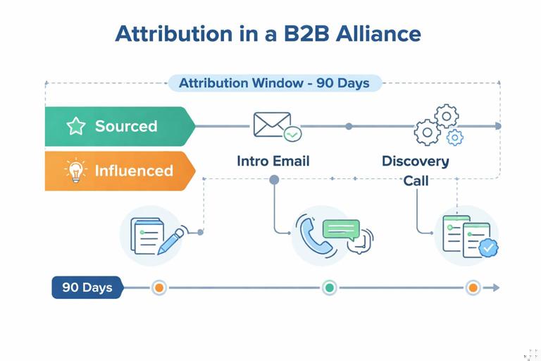 Conceptual illustration of attribution in a B2B alliance: a single deal timeline with labeled events (intro email, discovery call, technical validation) and two credit categories sourced vs influenced. Show a clear attribution window bracket (e.g., 90 days) and evidence icons. Clean vector style.