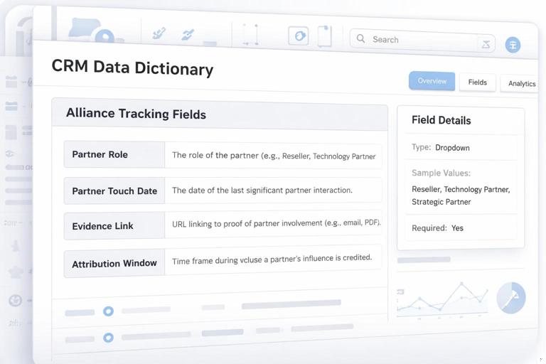 Close-up of a CRM data dictionary page and fields for alliance tracking: Partner Role, Partner Touch Date, Evidence Link, Attribution Window. Include subtle UI elements of CRM and product analytics. Technical but clean illustration, light background.