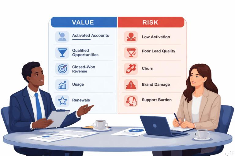 Illustration of two business partners at a negotiation table with a split diagram: on one side icons for value metrics (activated accounts, qualified opportunities, closed-won revenue, usage, renewals), on the other side icons for risks (low activation, poor lead quality, churn, brand damage, support burden); clean modern flat style, professional corporate palette, white background, high clarity