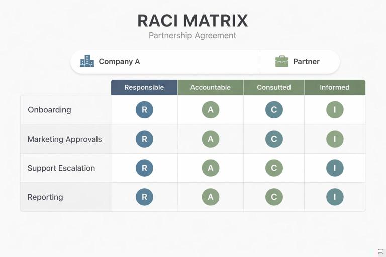 Professional infographic-style illustration of a RACI matrix for a partnership agreement: rows for onboarding, marketing approvals, support escalation, reporting; columns labeled Responsible, Accountable, Consulted, Informed; two parties shown as Company A and Partner; clean grid layout, minimal modern design, readable typography, neutral corporate colors