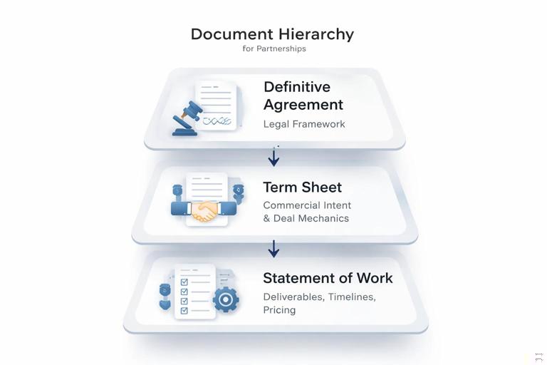 Clean, modern infographic showing a document hierarchy for partnerships: Definitive Agreement (legal framework) at the top, Term Sheet (commercial intent and deal mechanics) in the middle, and Statement of Work (deliverables, timelines, pricing) at the bottom; minimalist style, neutral colors, business icons, high readability.
