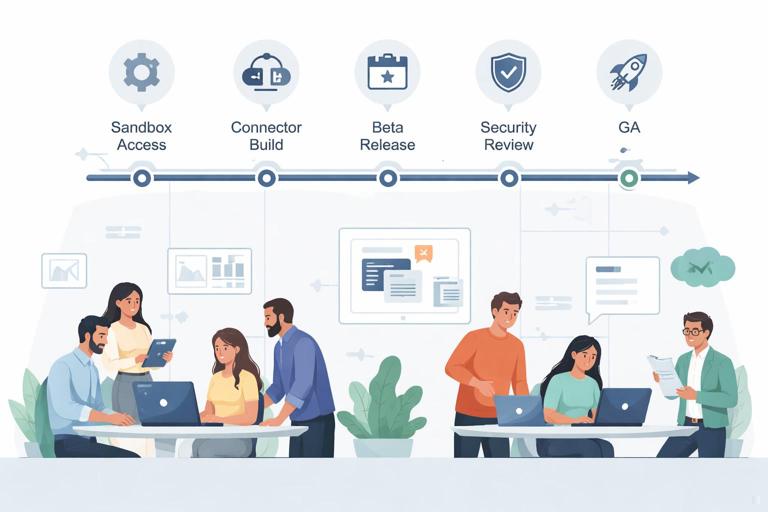 B2B software integration scene: two teams collaborating with a simple timeline showing sandbox access, connector build, beta release date, security review, and GA; clean vector style, modern SaaS aesthetic, muted colors, clear icons for API, security, documentation.