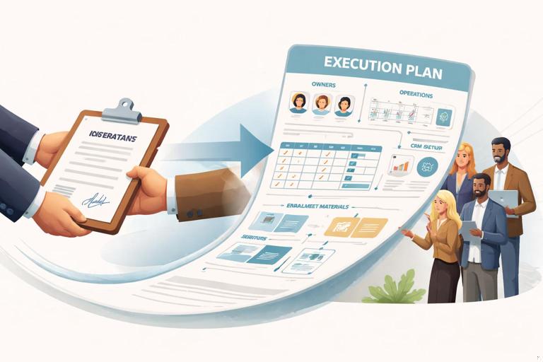 Business partnership handoff moment after contract signature: a signed document transitions into an execution plan with owners, calendar milestones, CRM setup, and enablement materials; clean editorial illustration, modern corporate style, muted palette, clear visual metaphor of handoff from legal to operations.